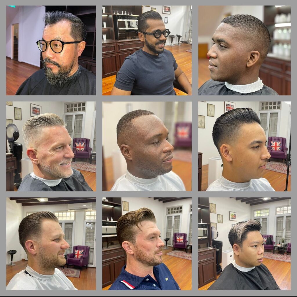 Men's haircut and beard before and after gallery at The British Barbers Chinatown Singapore – sharp fades, textured crops, and beard trims