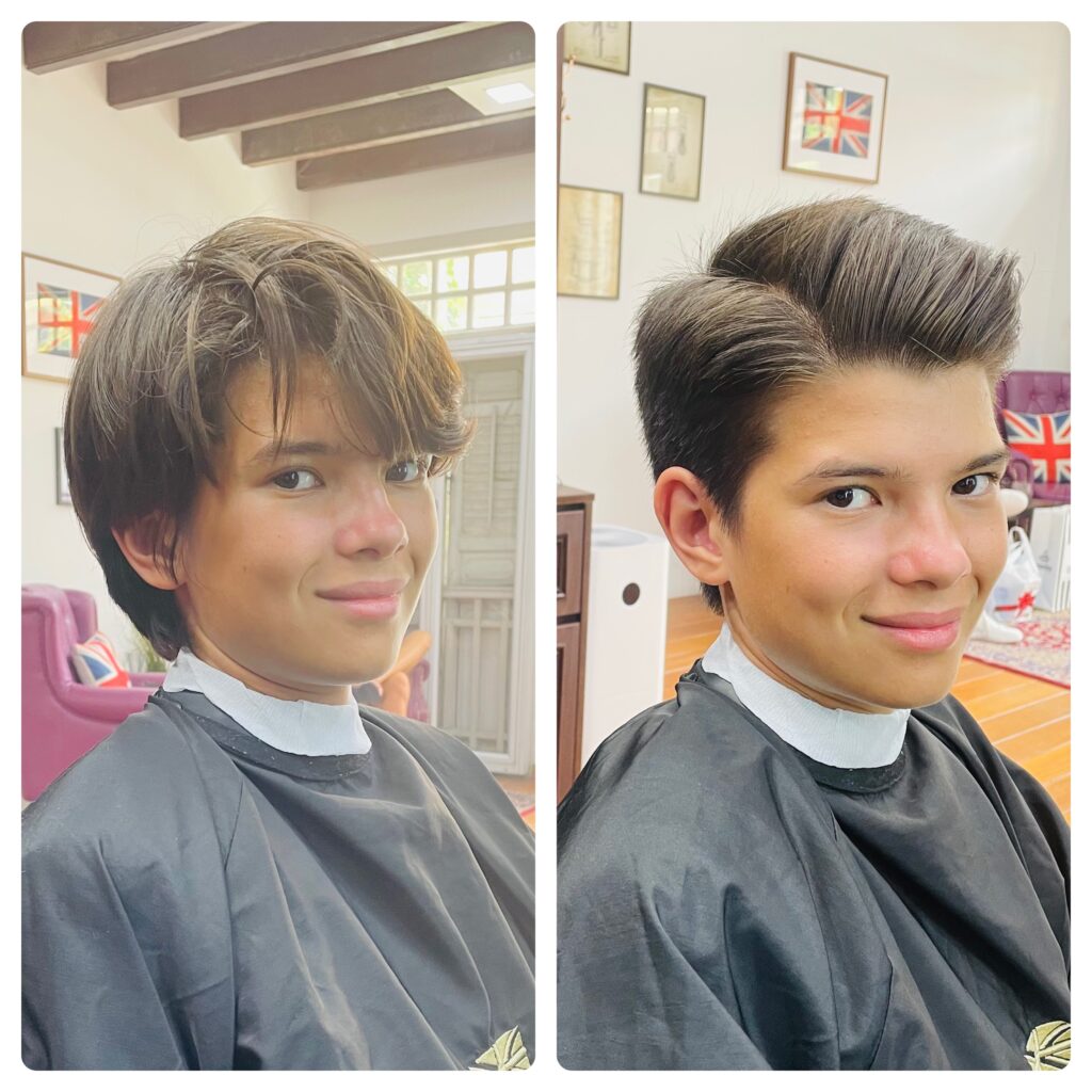 Best barber in Chinatown Singapore before and after – young man with medium straight hair to refined side part textured haircut