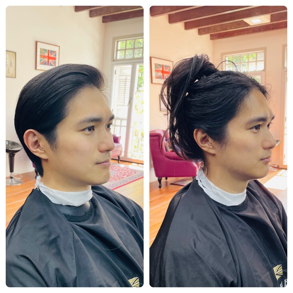 Men's haircut before and after at premium barbershop in Chinatown Singapore – long straight hair to clean skin fade and textured crop