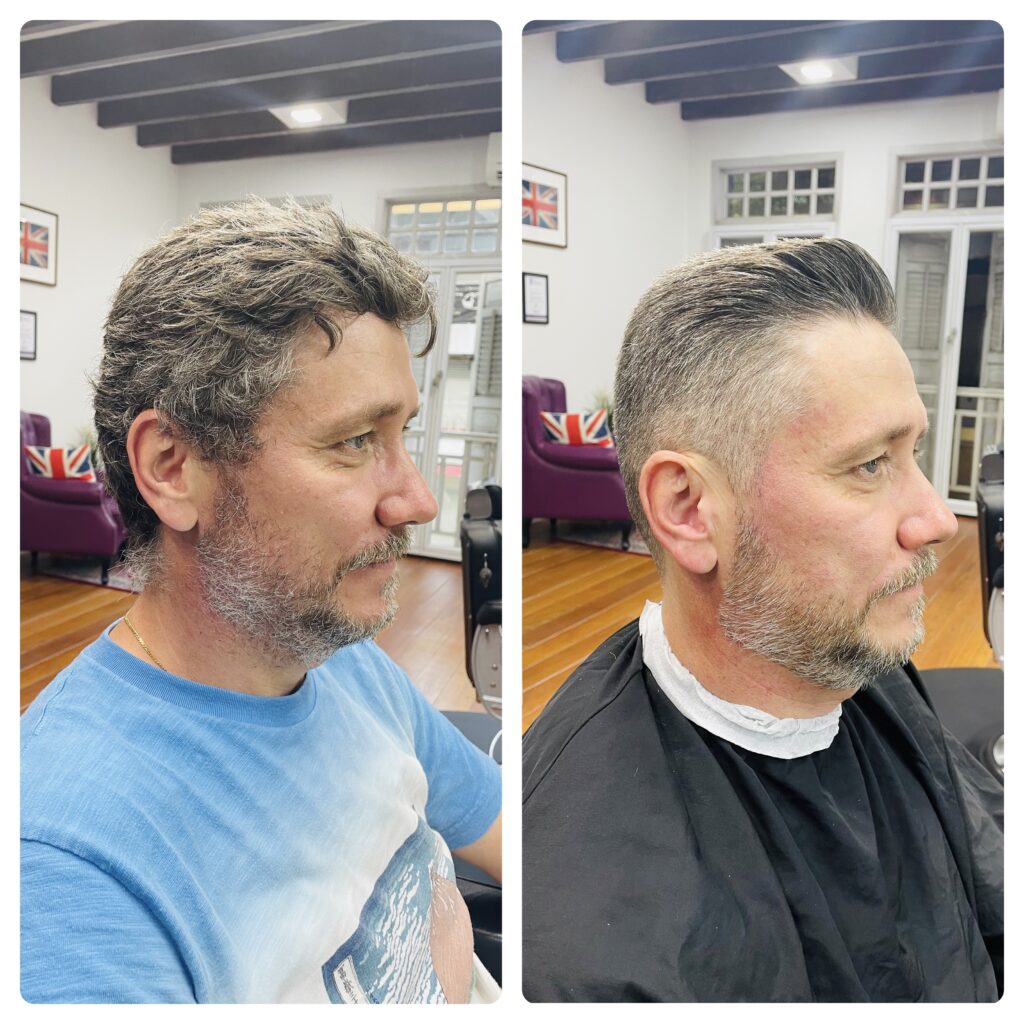 Before and after men's haircut at The British Barbers Chinatown Singapore – transformation from long messy hair to sharp textured side part crop with clean fade