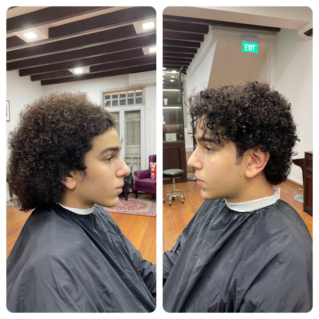 Before and after men's haircut at The British Barbers Chinatown Singapore – transformation from long curly hair to sharp textured crop with fade