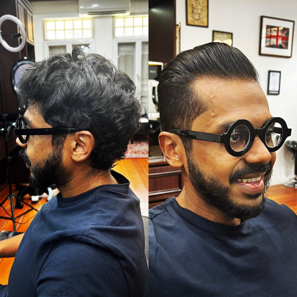 Gentleman's haircut transformation at The British Barbers – before wavy curls, after classic slicked-back style with beard in Singapore