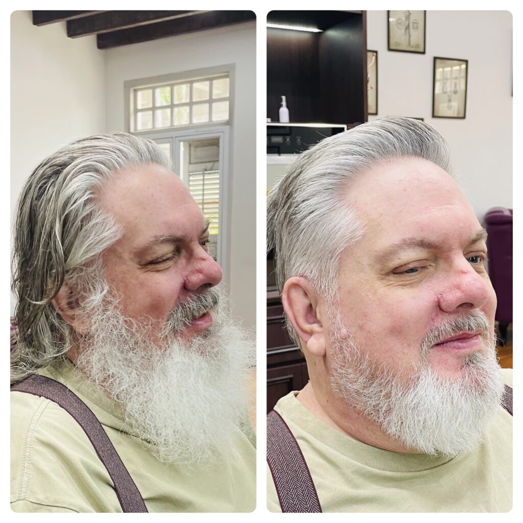 Gentleman's beard transformation at The British Barbers – before wild long white beard, after polished trimmed beard in Singapore