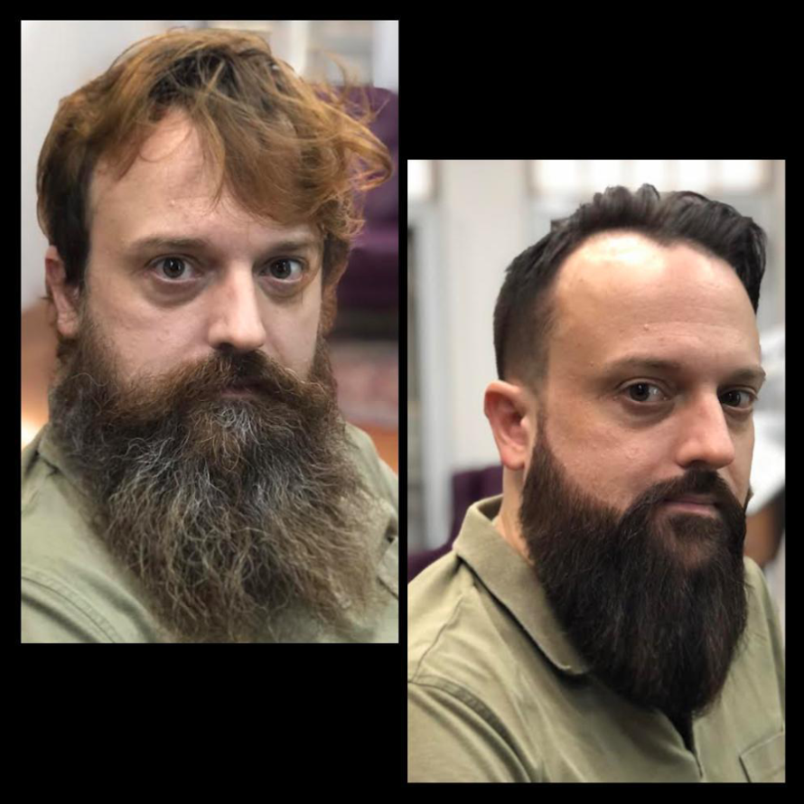 Gentleman's beard transformation at The British Barbers – before wild long white beard, after polished trimmed beard in Singapore