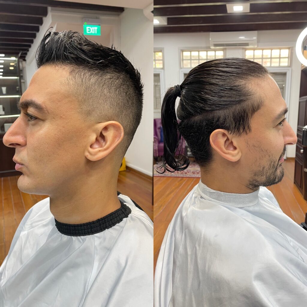 Men's haircut before and after at premium barbershop in Chinatown Singapore – long ponytail to clean modern undercut fade