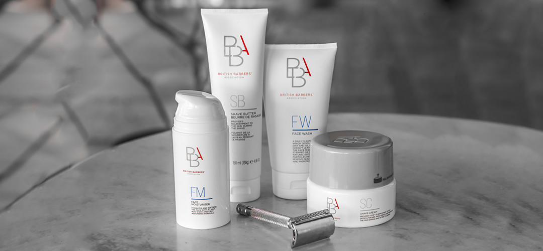 Face Moisturiser (FM), Face Wash (FW), Stimulating Conditioner (SC), Shave Butter (SB), and safety razor from The British Barbers – sulphate-free, hydration-focused essentials for humid climate.